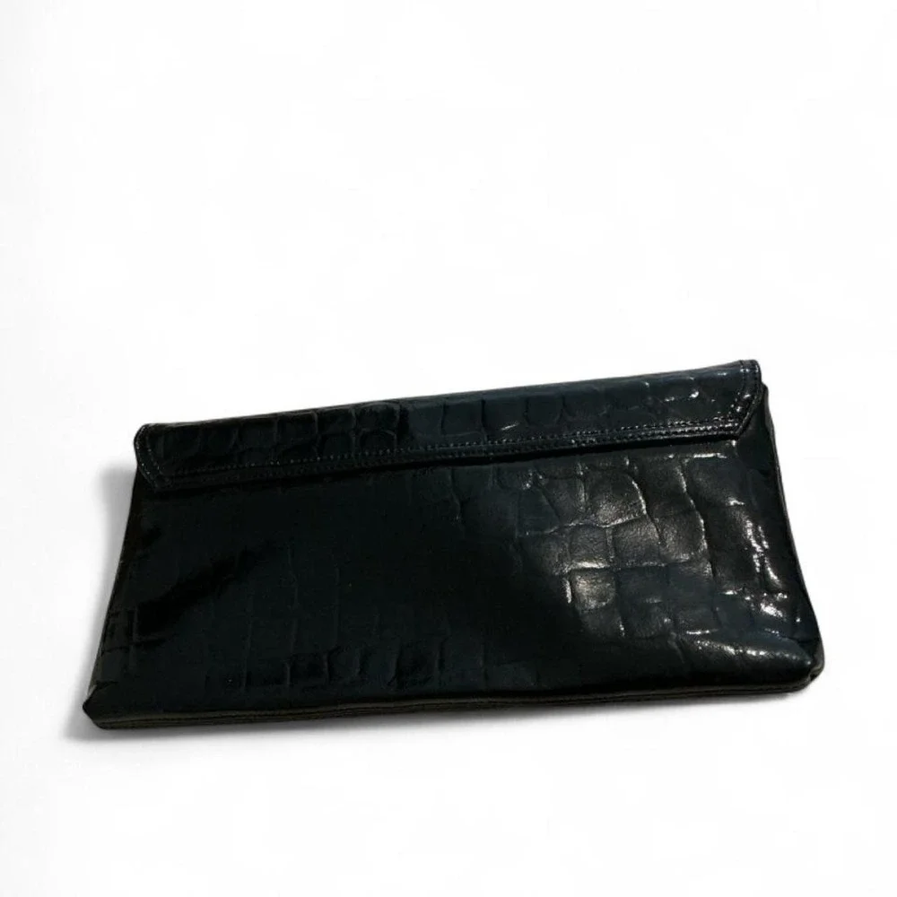 Nordstrom Wallet Women OS Black Excellent Croc Embossed Leather Patent Long